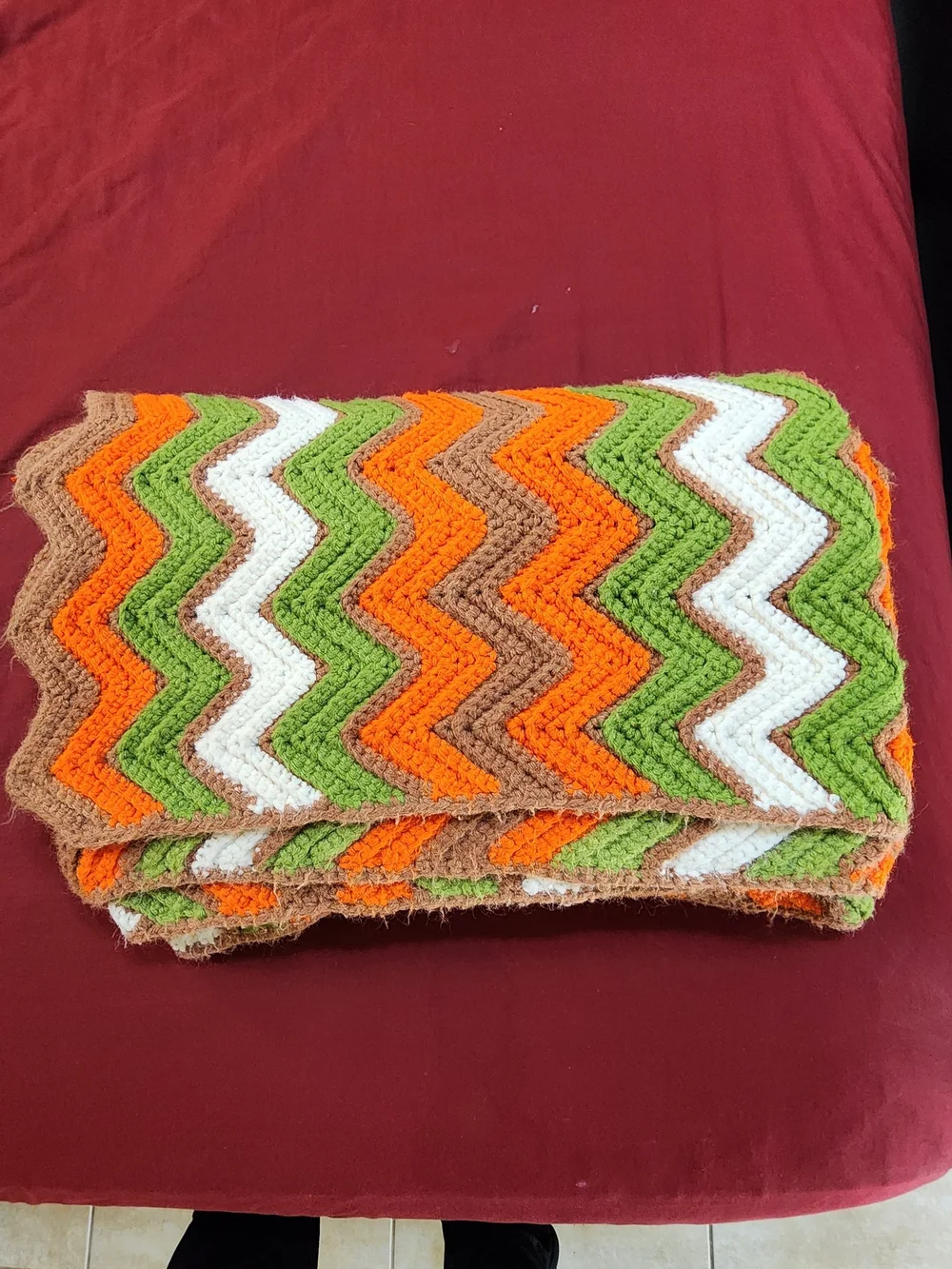 Vintage Handmade Chevron Crochet Throw in Orange, Green & White